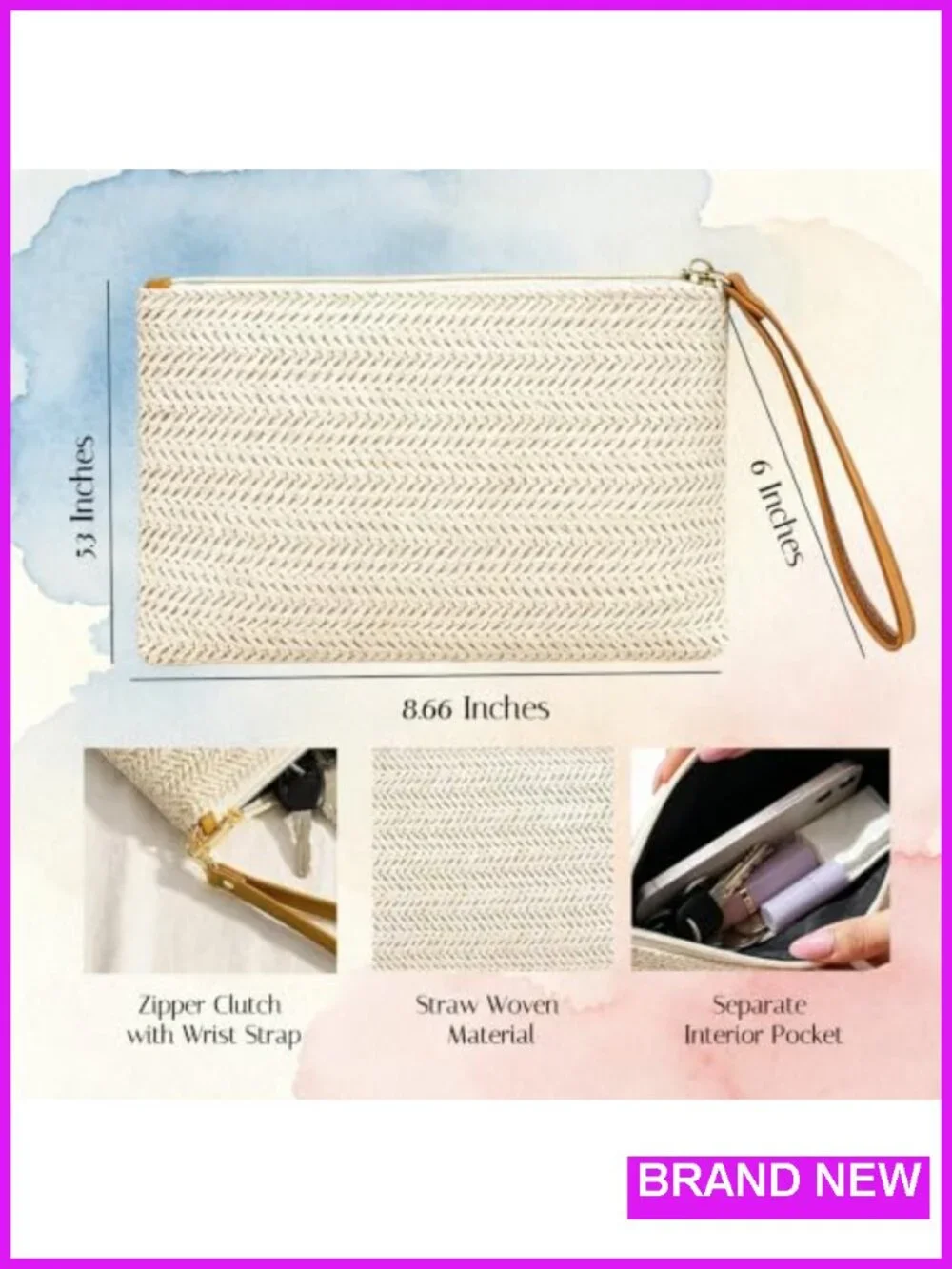 Straw Clutch Purse with Wrist Strap, Wristlet Wallet for Travel